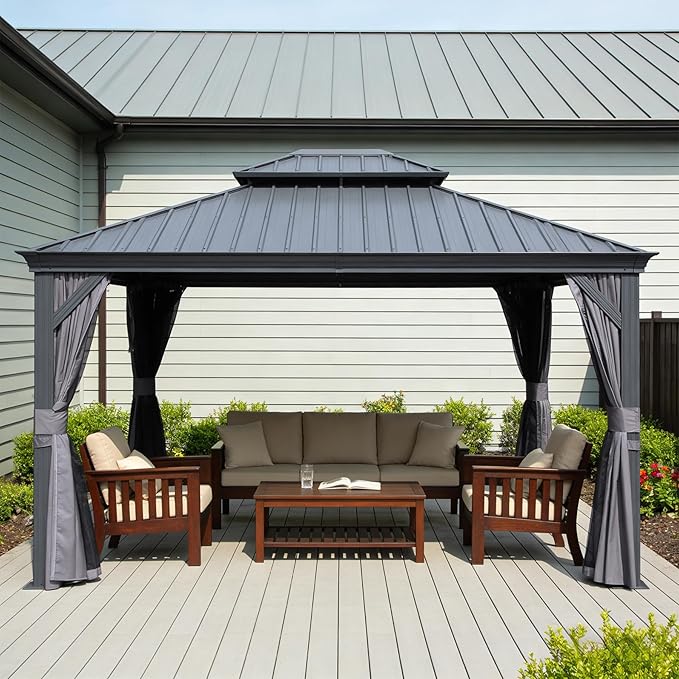Domi 11x13FT Outdoor Gazebo, Hardtop Gazebo with Galvanized Steel Double Roof, Metal Gazebos with Drainage System Patio Pergola for Patio Deck Backyard,Curtain and Netting,Gray