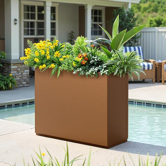 Metal Planter Box Rectangular Planter Box with Drainage Hole, Outdoor Large Planters, All-Weather Use, Rust-Resistance, for Flowers Plants, 29.9" L × 12" W × 24" H, Brown