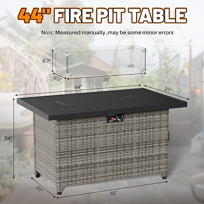 44 Inch Rectangular Propane Gas Fire Pits Table for Outside Patio, 50000 BTU Outdoor Wicker Rattan Fire Pit with Glass Wind Guard and Lid for Outside Patio Deck, Garden, Backyard (Grey)