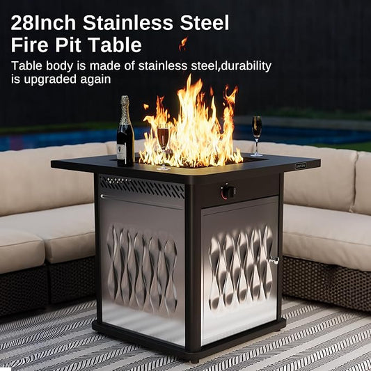 EAST OAK 28'' Stainless Steels Fire Pits Table, 50,000 BTU Upgraded Steel Gas FirePit for Outdoor, Outside Patio, CSA Certified Fire Table with Magnetic Lid, Cover-Storage Basket and Lava Rock, Black