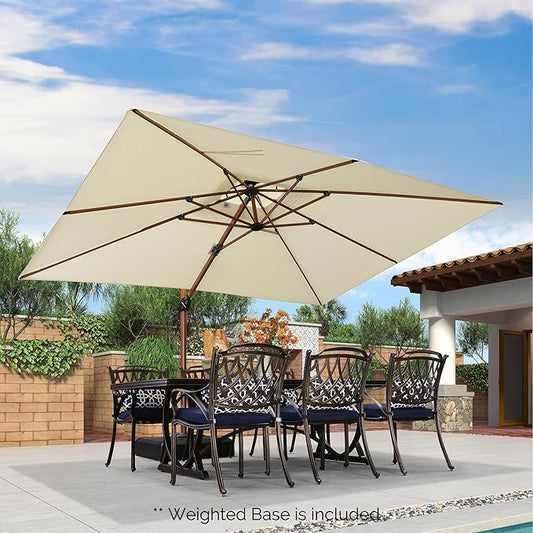PURPLE LEAF 9' X 12' Double Top Deluxe Wood Pattern Rectangle Patio Umbrella with Base Offset Hanging Umbrella Outdoor Market Umbrella Garden Umbrella, Cream