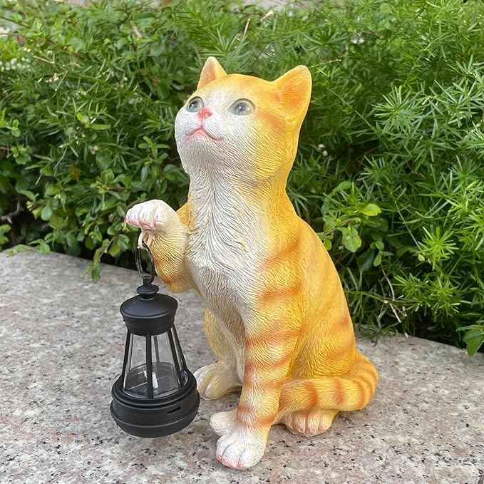 halp·ssfm Garden Decor Solar Cat Statues with Solar Lantern Outdoor Decor Lovely Tabby cat Figurine Halloween Yard Decoration Spooky Lawn and Garden Decor Holiday Party Ornament for Cat Lovers