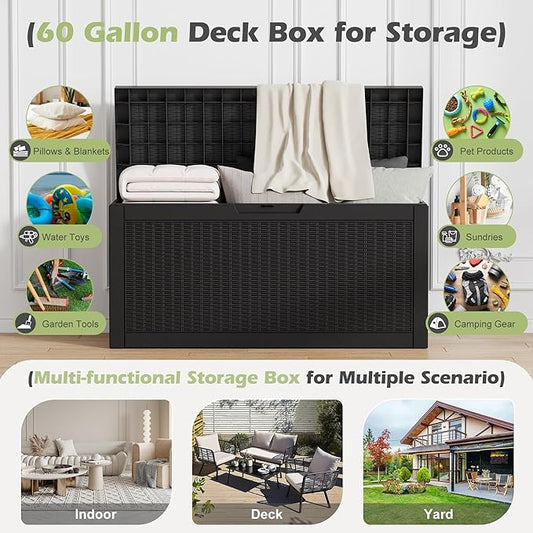 Outdoor Storage Box, Resin Deck Boxes Indoor and outdoor, Waterproof Storage Box Lockable Lid (Black, 60 Gallon)