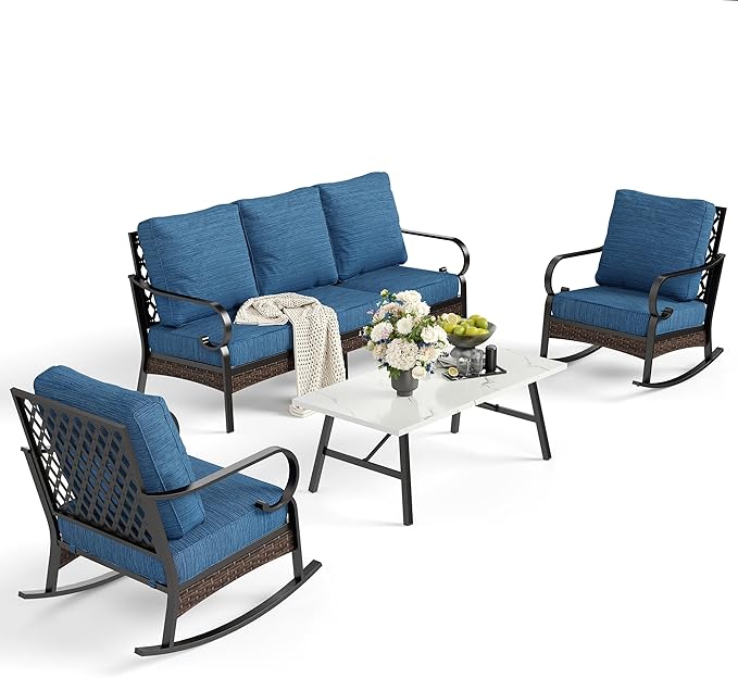 4 PCS Metal Outdoor Patio Furniture Set, Patio Conversation Sets 1 3-seater Sofa, 2 Rocking Chairs with 5.75" Extra Thick Cushion & Coffee Table, Black Frame Backyard Furniture, Blue-2