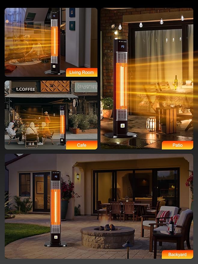YEW Outdoor Electric Patio Heater, 1500w Infrared Heaters with Remote, 24H Timer, 3 Heat Levels, Waterproof, Quiet, Tip-Over Protection, Portable Tower Heaters for Porch,Garage,Balcony,Backyard