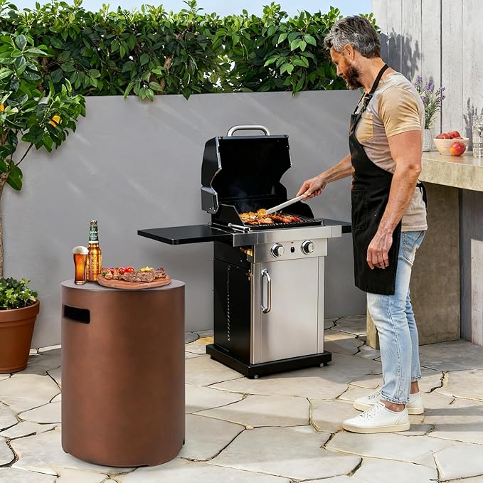 Propane Tank Cover Table, Modern Outdoor Gas Tank Covers, φ16 X 20inch Concrete Tank Storage Box Hideaway Table for Propane Gas Fire Pit and Round Tank Holder with Handles (Brown)