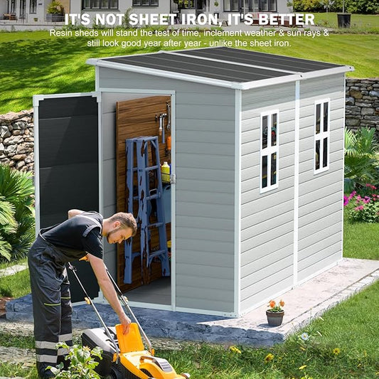 CDCASA 4x8 FT Resin Lean to Shed, Waterproof Outdoor Storage Shed with Floor & Lockable Door & Window, Outside Plastic Tool Shed for Backyard, Patio, Poolside, Lawn, Grey