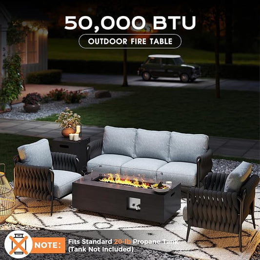 Fire Pit Table 50,000 BTU 42" Rectangular Propane Fire Pit Outdoor with Wind Guard Glass, Lid, Rocks and Cover Gas Fireplace for Deck or Patio