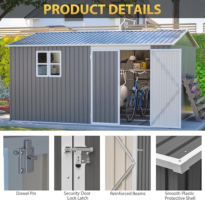 12x10 FT Heavy Duty Metal Outdoor Storage Shed with Window & Floor Frame, Lockable Double Doors, Weatherproof Steel Garden Tool Shed for Bikes, Lawn Mowers, Patio & Backyard Equipment Storage