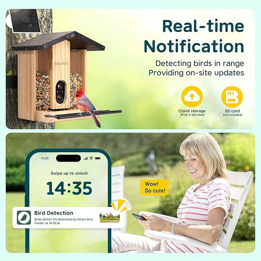 BBPECO Bird Feeder with Camera Solar Powered, Smart Bird Feeder with AI Identify for 10000 Plus Species, Auto Capture & Real-time Notifications, Ideal Gift for Birdwatching, Bamboo