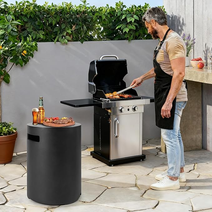 Propane Tank Cover, Propane Tank Storage Hideaway Table for Gas Fire Pits, 16 X 20inch Gas Tank Holder Storage Side Table for 20 Pound Tank Cover, Round Tank Holder- Black