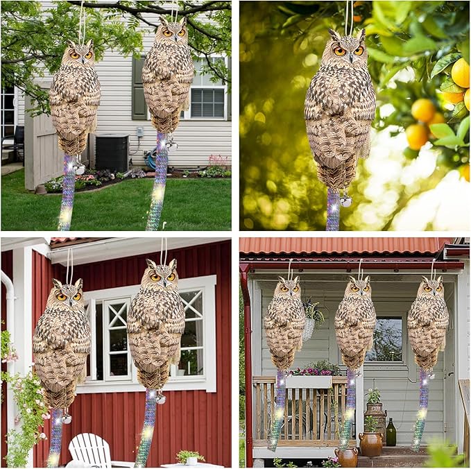 4PCS Reflective Hanging Ow Scarer Devices Owl Hanging Decoration Woodpecker Control Device with Reflective Tape for Garden Patio Windows Farm