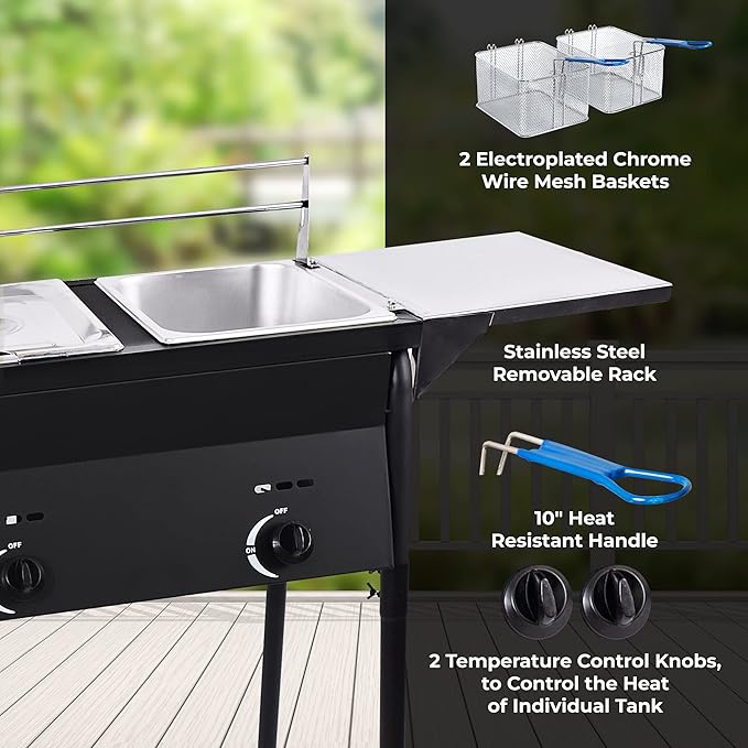 Cast Iron Black Deep Fryer | Two Tank Outdoor Propane Deep Fryer With 2 Stainless Steel Baskets & Lids | Adjustable Temperature Gas Fryer With Regulating Knobs | Large Oil Tanks Capacity