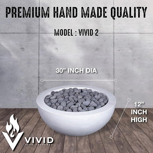 29" Premium Vivid 2" Concrete Fire Bowl - (Ivory-White) Cement Round Natural Gas Fire Pit - Outdoor Fire Table with Key Valve GFRC (29" Diameter x 13" High) - E-VIVID2-I-NG