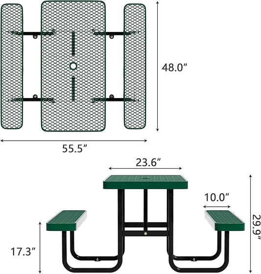4FT Picnic Tables for Outdoors, Rectangular Commercial Metal Picnic Table Bench Set with Umbrella Hole,Heavy Duty Steel Weather-Resistant Dining Table for Patio Dining Garden Backyard BBQ School