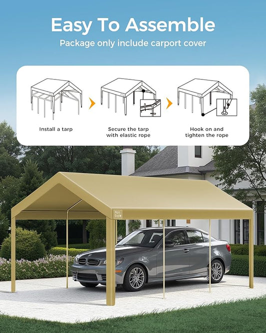 Heavy Duty Carport Replacement Canopy Cover, Durable Waterproof Garage Shelter Top, Car Tent for Outdoor Use, with Ball Bungees for Secure (Beige 12x20FT Cover ONLY)