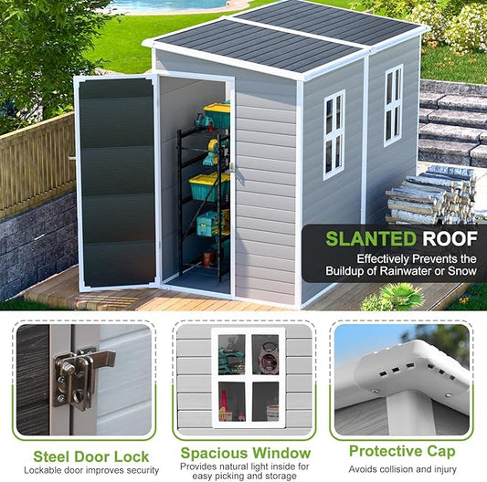 4x8 FT Plastic Storage Sheds Outdoor with Floor and Window, Lean to Resin Shed Easy to Install, Compact Sheds & Outdoor Storage/Tool Shed for Backyard Patio Lawn, Gray