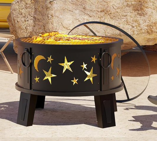 Kingson 26" Outdoor Fire Pit with Grill & Mesh Cover, Wood Burning Steel Firepit with Poker & Star Spark Screen, Heavy Duty Patio Fire Bowl for Backyard, Camping & Garden
