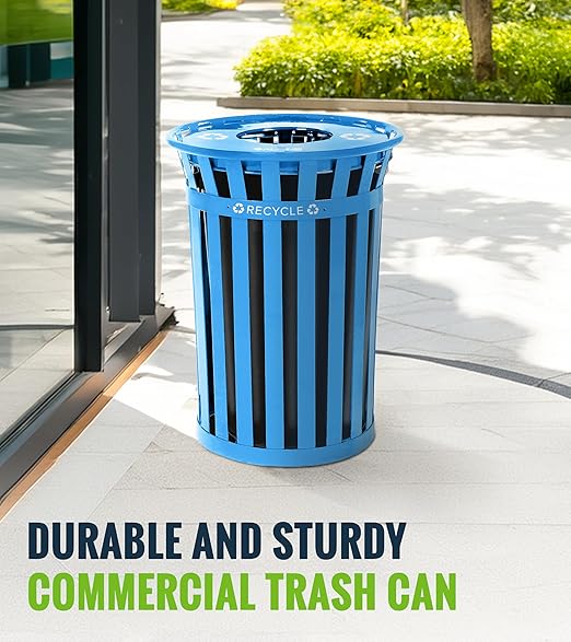 Alpine Commercial Outdoor Trash Can - 38 Gallon Heavy Duty Blue Recycle Garbage Can with Liner, Open Top Lid, All Weather Resistant Large Outside Trash Can for Parks, Parking, School