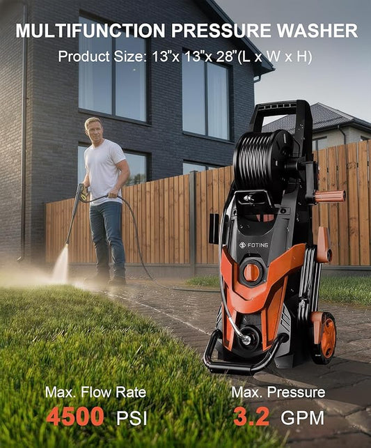 2025Upgraded Pressure Washer 4500PSI with 4 Quick Connect Nozzles,Inlet Hose & Filter, Foam Cannon for Cars/Fences/Driveways/Patios/Home Cleaning,Red