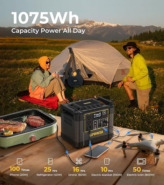 Lipower Portable Power Station, 1075Wh LifePO4 Battery for Outages, 1200W(2000W Surge) Solar Generator for Camping, Power Generators for Home Use, Backup Supply, Emergency, CPAP, RVs