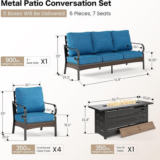 6 Piece Black Metal Outdoor Patio Furniture Sets with Firepit Table, Patio Conversation Sets 1 3-Seater Sofa, 4 Single Sofa with 5.75" Extra Cushion Backyard Furniture for Deck, Blue-2