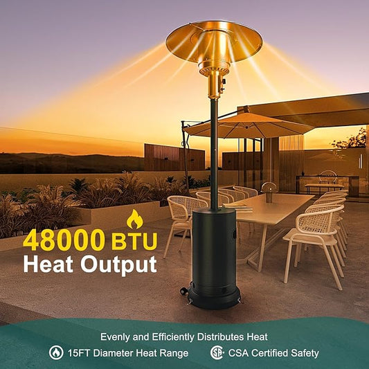 48000BTU Outdoor Propane Patio Heater with Wheels, Triple Safety Protection, Stainless Steel Burner, Includes Round Table for Porch, Camping, Backyard Use, Gray