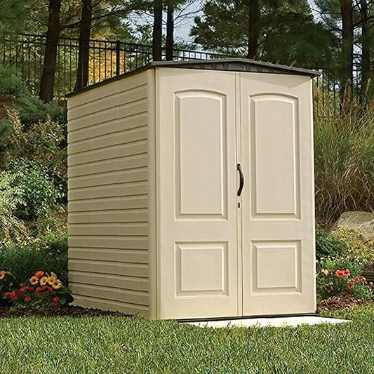 Rubbermaid Large Vertical Resin Outdoor Storage Shed With Floor (6.2 x 4.6 Ft), Weather Resistant, Beige/Brown, Organization for Home/Backyard/Garden Tools/Lawn Mower/Bike Storage/Pool Supplies