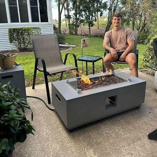 42" Rectangular Propane Fire Pit – 50,000 BTU Concrete Fire Pit with Tank Cover – 2-Piece Outdoor Firepits – Gas Fireplace for Deck or Patio