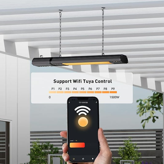 Ceiling Electric Outdoor Heater Wall-Mounted Hanging Patio 1500W Infrared 9 Heat Levels, 24H Timers, Carbon Fiber Tube Heating Wall Heater for Gazebo, Balcony