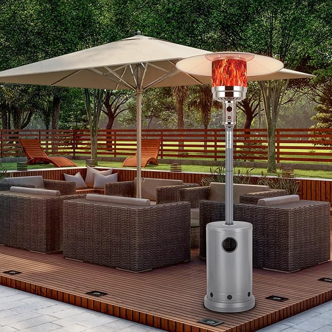 Hykolity 50,000 BTU Propane Patio Heater, Stainless Steel Burner, Triple Protection System, Wheels, Outdoor Heaters for Patio, Garden, Commercial and Residential, Silver