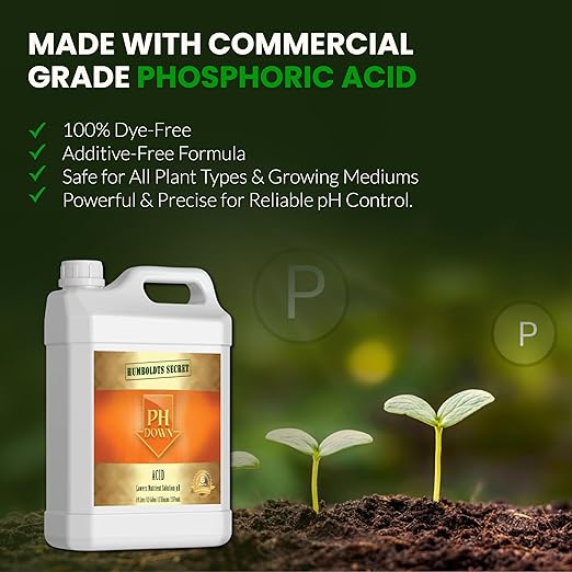 Humboldts Secret pH Down for Plants | Liquid pH Adjuster and Balancer for Soil Coco Hydroponics | Concentrated Phosphoric Acid Solution Supporting Nutrient Uptake and Strong Growth | 2.5 Gallon