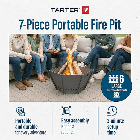 Tarter Large Outdoor Fire Pit - 7-Piece Hexagonal Wood Burning Fireplace for Camping & Bonfires - Portable & Easy Assembly Design - Heavy Duty & Durable Sheet Steel, Powder Coated Finish