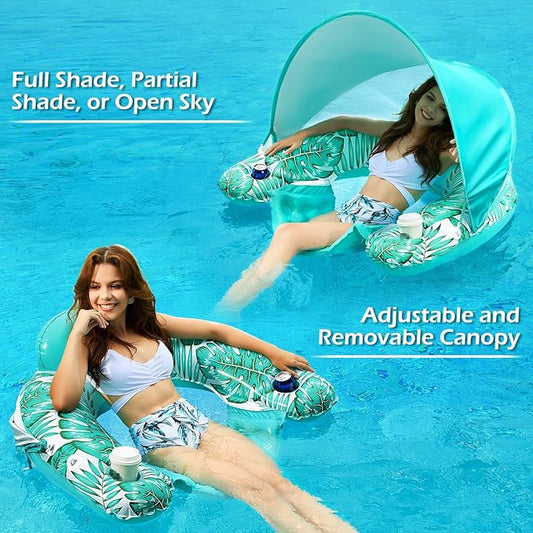 Jasonwell Pool Float with Canopy - Inflatable Pool Floaties Adult Floating Pool Chair Lounge Floats for Swimming Pool Water Chair Pool Lounger with Cup Holders Pool Toy Party Floaty for Adults