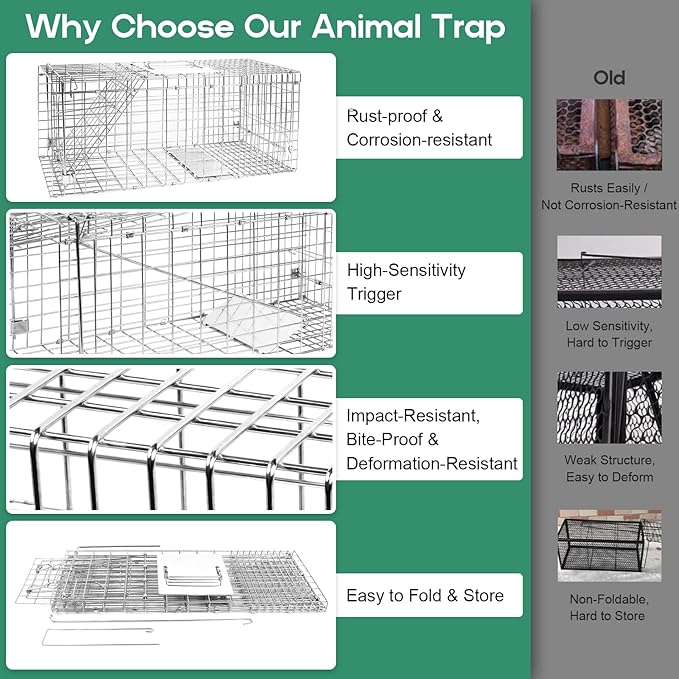 Humane Live Animal Trap Cage 32" × 13" × 11",Heavy-Duty Live Catch Cage for Raccoon, Squirrel, Stray Cats, Groundhogs, Armadillos, Opossums, Rabbits, Skunk, Mole, Small Wildlife Control