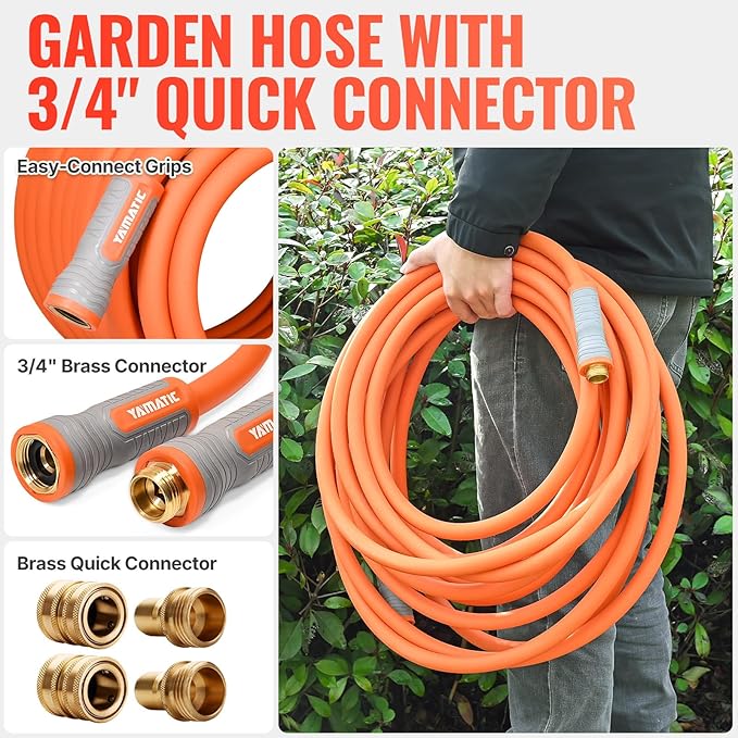 YAMATIC Garden Hose 5/8 in x 30 ft, Ergonomic Swivel Fittings, Burst 600 PSI, Heavy Duty, Flexible and Lightweight Water Hose with 2 Set Quick Connect