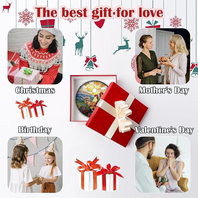 AMDERVEN Stained Glass Window Hanging, Countryside Scenery Chicken Sun Catcher for Door Home Decor Sunrise Suncatcher Christmas Mother's Day Birthday Gifts for Women Men Mom Nana 15 in