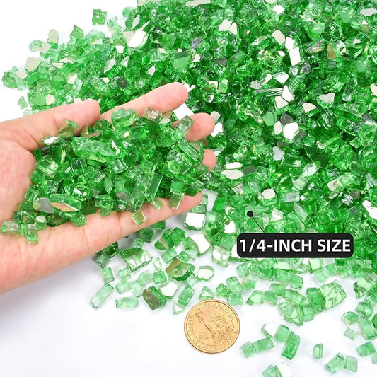 GasSaf 1/4 Inch Fire Glass Reflective Tempered Fireglass Cut Crushed FireGlass for Fire Pit, Fireplace, Replaces Existing Gas Logs & Lava Rocks (20 Pound)(Green Reflective)