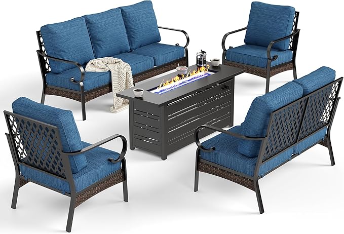 5 Piece Black Metal Outdoor Patio Furniture Set with Firepit Table, Patio Conversation Sets 1 3-seater Sofa, 1 2-seater Sofa, 2 Single Sofa with 5.75" Cushion for Backyard Deck, Blue-2