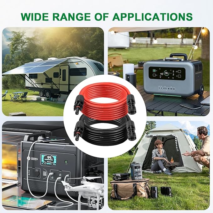 Solar Extension Cable 8AWG 10FT 2-Pack (Red + Black), PV Wire with Male/Female Solar Connectors, Weatherproof Solar Panel Wire for RV, Boat, Inverter, Off-Grid Systems