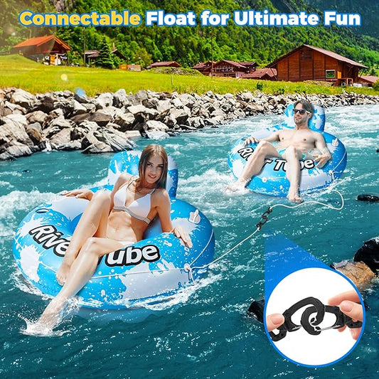 2025 New & Upgraded River Tubes for Floating Heavy Duty, Inflatable Float for Beach Lake Rafting, Fool Floats with Mesh Bottom, Cup Holder, Backrest