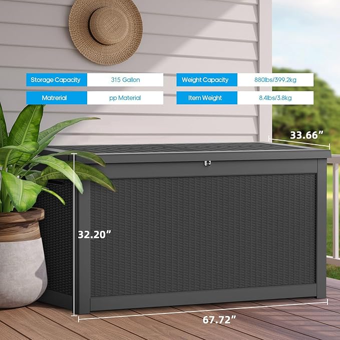 ROJIK Outdoor Storage Housing Deck Box - Waterproof Patio Furniture, Garden Tools, Cushions, Pool Accessories Storage Bench with Lockable Lid and Side Handles (Black, 315 Gal)