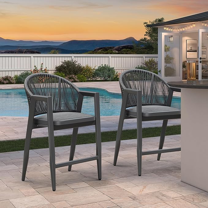 PURPLE LEAF Outdoor Counter Height Bar Stool Set of 4 Wicker Woven Counter Stools Bar Chairs Barstool for Patio Kitchen Island Lawn Grey