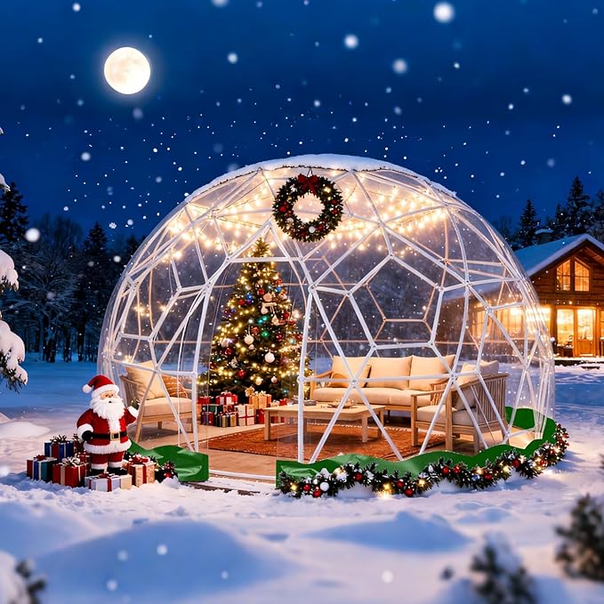 Garden Dome Tent 15*9.5FT, 360° View Geodesic Dome Greenhouse with PVC Clear Cover, Waterproof Garden Bubble Dome Tent House with 2 x 10M Light Strings for Outdoor, Green