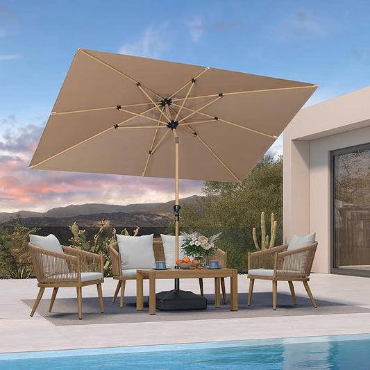 PURPLE LEAF 6.5' x 10' Outdoor Umbrella with Base Patio Umbrella Rectangular Outdoor Table Umbrella with Push Button Tilt & Crank and 8 Ribs Aluminum Market Umbrella for Backyard Deck, Taupe