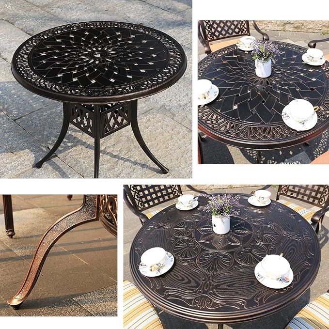 FAPOLITE Outdoor Table Tile Round Patio Table All Weather Aluminum Frame Outdoor Dining Tables for Lawn Garden Backyard (90cm Aluminium Tiled Round Table)