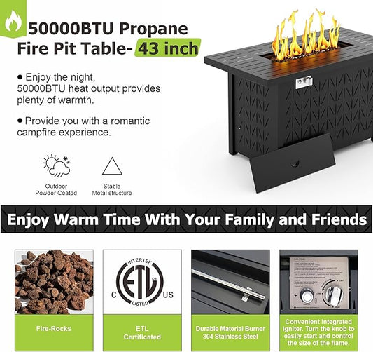 43'' Propane Fire Pit Table, 2 in 1 Rectangular Outdoor Fireplace, Outside Patio Deck and Garden, Gas Fire Pit Table with Lid and Stone, 50,000 BTU Adjustable Flame