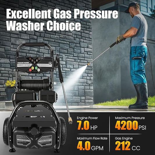 4200PSI Gas Pressure Washer 4.0GPM Gas Power Washer 212CC Gas Powered Washing Machine Commercial High Pressure Washer with 32ft Hose&5 Nozzles for Patio Garden Yard Vehicle,EPA/CARB/ETL