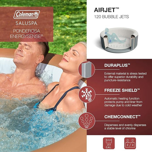 Coleman Ponderosa AirJet 2 to 4 Person Inflatable Hot Tub Round Portable Outdoor Spa with 120 AirJets and EnergySense Energy Saving Cover, Orange