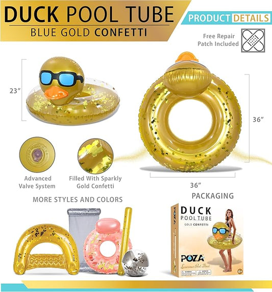 POZA Inflatable Duck Pool Float Tube- Heavy Duty Vinyl UV Resistant Confetti Pool Duck Floatie, Animal Pool Float Swim Ring Pool Inflatables for Kids and Adults for Beach, Party, Vacation
